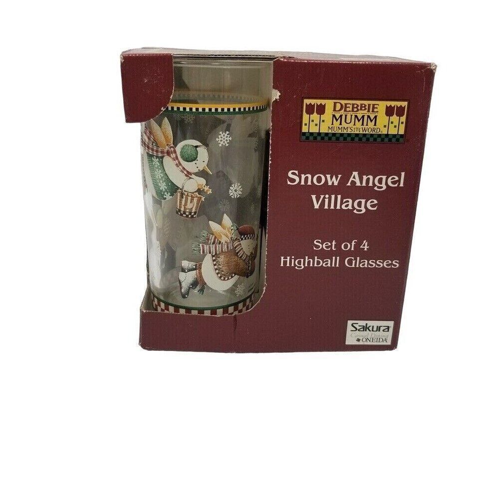 Vintage 90s Sakura Debbie Mumm Highball Glasses Snow Angel Village New